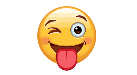 Fototapeta premium A yellow emoji with a wink, one eye open, tongue sticking out and a happy smile on a white background on transparent background