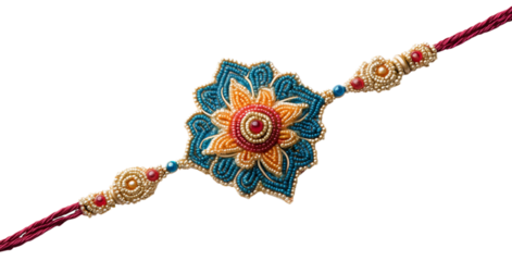 A beautifully crafted rakhi with intricate floral embroidery in blue, gold, and red, featuring a central gemstone. Isolated on transparent background. PNG, cutout.
