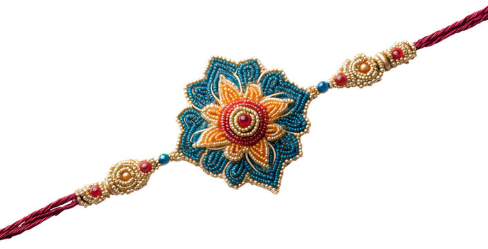 A beautifully crafted rakhi with intricate floral embroidery in blue, gold, and red, featuring a central gemstone. Isolated on transparent background. PNG, cutout.
