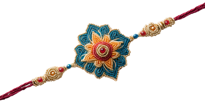 A beautifully crafted rakhi with intricate floral embroidery in blue, gold, and red, featuring a central gemstone. Isolated on transparent background. PNG, cutout.
