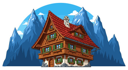 Fototapeta premium Illustration of a two story alpine house with red roof and mountains in the background on a clear day on transparent background