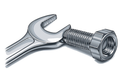 Illustration of a silver wrench tightening a bolt with visible threads and a hexagonal nut on a white background on transparent background