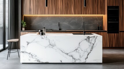 Modern kitchen island with white marble countertop.