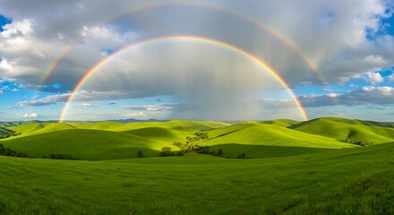 Naklejka premium Double Rainbow Over Rolling Green Hills A Vibrant Landscape Scene.