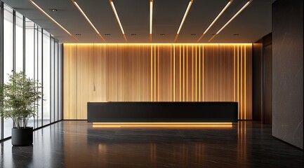 Modern lobby with wooden wall and black reception desk