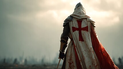 Medieval Knight Templar with Red Cross on Cloak, Battlefield Scene, Warrior Back View
