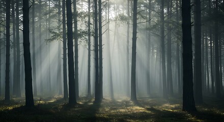 Ethereal Sunbeams Piercing Through Dense Fog in a Mystical Pine Forest.