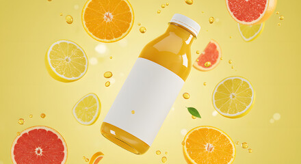 Citrus Burst: Fresh Juice Bottle with Floating Fruits