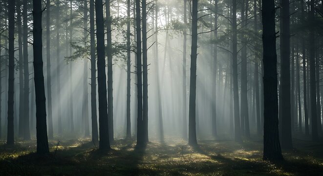 Ethereal Sunbeams Piercing Through Dense Fog in a Mystical Pine Forest.