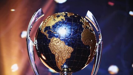 Rotating earth trophy with vibrant lights reflecting global unity and achievement