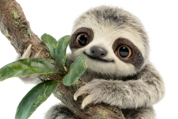 Adorable baby sloth clinging to a branch.