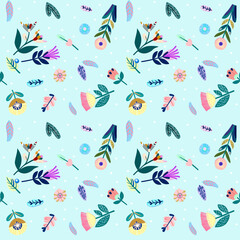 Seamless pattern with feathers and flowers.