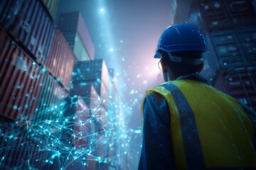 Warehouse worker wearing hard hat and safety vest, looking at digital network overlay, showcasing innovation and technology in logistics and supply chain