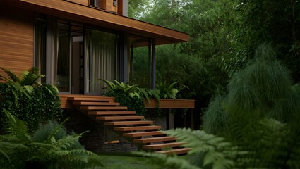 Fototapeta premium Modern wooden house with floating stairs surrounded by lush green forest and ferns