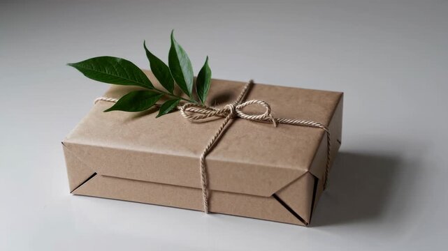 Ecofriendly gift box with green leaves and rustic twine on minimalist surface