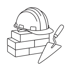 Bricklayer Construction Tools Vector Illustration with Helmet Trowel and Bricks
