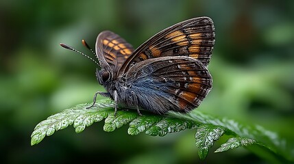 Obraz premium Egybolis vaillantina butterfly on a curved green leaf with its wings partially open, showing fine detail and subtle color shifts