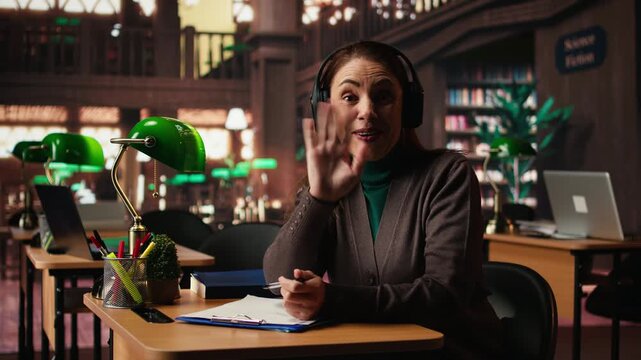POV of focused woman sits in a campus library on a video call for a seminar, attending e learning session that helps with guidance for degree thesis completion. Digital education. Camera A.