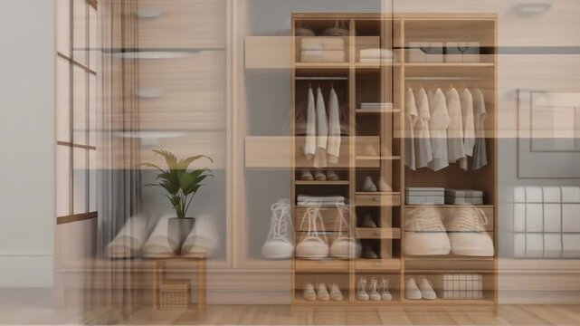 Wooden wardrobe with tiered design, compact home interior storage. Wardrobe with clothes, drawers, shoes, shelves. 4k video