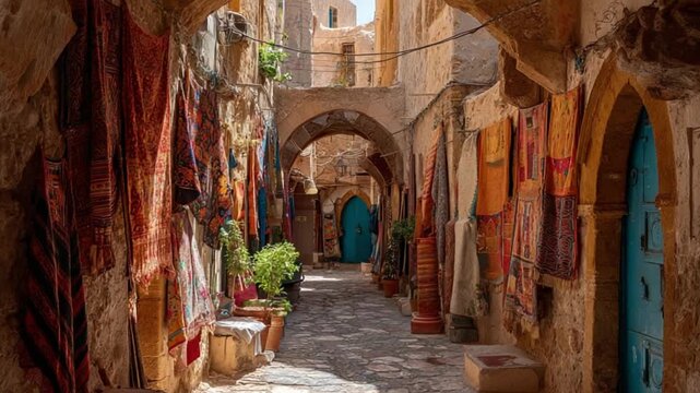 narrow alley in an old Arabic medina sandstone 4K Video