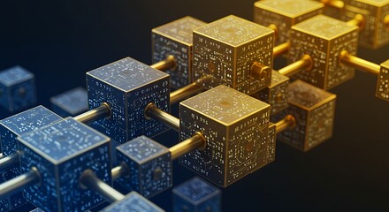 Futuristic Blockchain Network Golden Cubes Interconnected with Digital Circuitry
