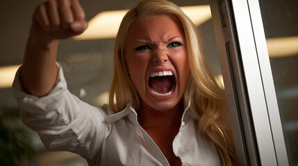 Woman expressing anger in a modern office setting during daytime