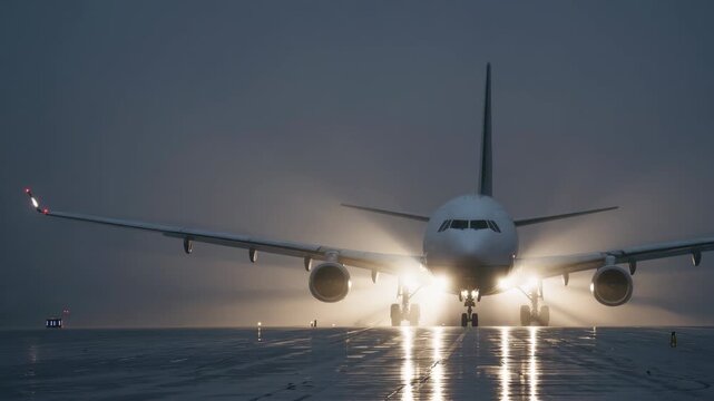Large Airplane Moving Through Dense Fog on Wet Tarmac with Headlights On
