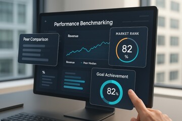 Digital Performance Benchmarking Dashboard Showing Market Rank, Peer Comparison and Goal Achievement Metrics
