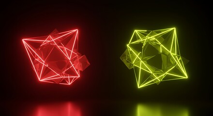 Geometric Neon Duality Red and Green Abstract Polyhedra on Dark Reflective Surface.