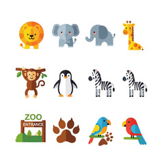 Cute cartoon zoo animals and entrance sign icons.