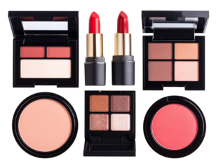  Flat lay of luxury makeup kit with lip color, eyeshadow palette and blush compact on transparent background  (2)