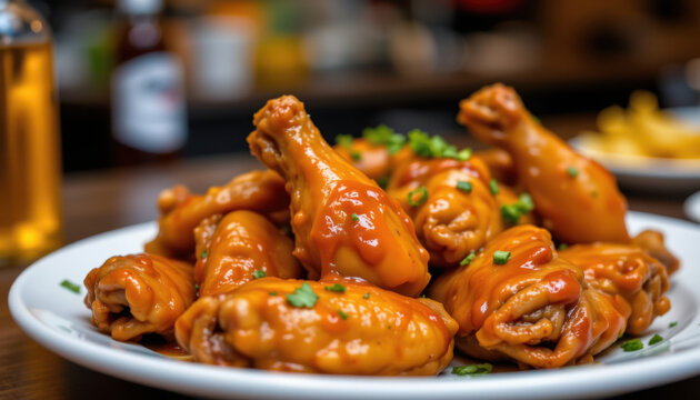 Delicious chicken wings coated in rich, tangy sauce, garnished with fresh herbs, served on white plate. Perfect for gatherings and celebrations, these wings are crowd pleaser