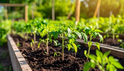 Young tomato plants in raised beds