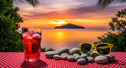 Tropical Island Sunset with Cold Drink, Sunglasses, and Beach Vibes