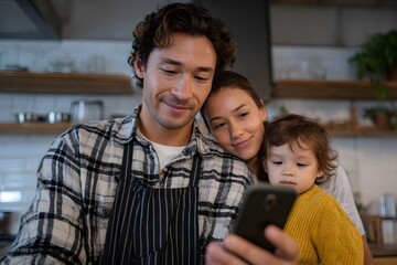 A man and a woman are holding a baby and looking at a cell phone