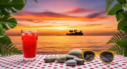 Tropical Island Sunset with Cold Drink