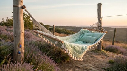 Obraz premium Dreamy hammock in lavender field: relaxing outdoor space for summer vacation and peaceful relaxation