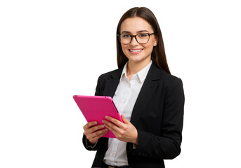 Portrait of a Smiling Young Businesswoman Wearing a Black Blazer and Holding a Tablet with Both Hands – Isolated on White Background, Suitable for Marketing or Business Use (PNG File)