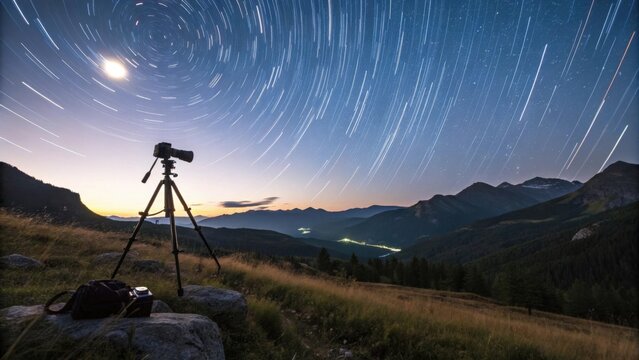 Capturing star trails photography in mountains at night with camera on tripod for astrophotography