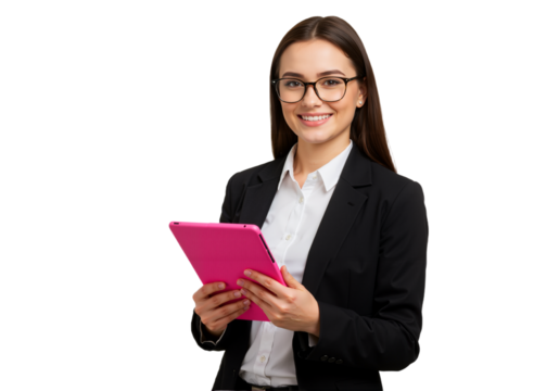 Portrait of a Smiling Young Businesswoman Wearing a Black Blazer and Holding a Tablet with Both Hands – Isolated on White Background, Suitable for Marketing or Business Use (PNG File)