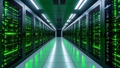 Fototapeta premium Server room, glowing green racks