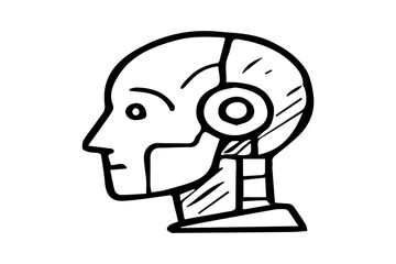 This image is a black-and-white illustration of a humanoid robot head in side profile. The robot has human-like facial contours with mechanical detailing, such as segmented plating, visible joints