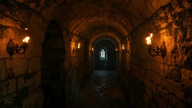Medieval Underground Passage with Firelight, 4k video