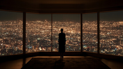 The top floor of a skyscraper, looking out at the city lights.	A person stands alone in a dark, empty room on a high floor of a skyscraper, looking out a massive window at the millions of city lights 