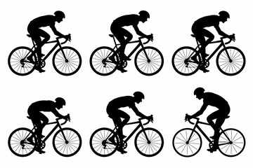 Six cyclist silhouettes riding road bikes in a side profile view, arranged in a two-row grid pattern against a white background.