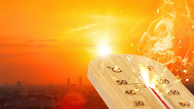 Heat wave,Heat Warning Thermometer Closeup: Red Alcohol Column on Red Background