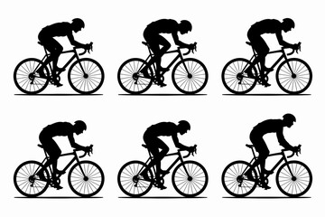 Fototapeta premium Six silhouetted cyclists riding road bikes in a grid formation, showcasing cycling posture and movement.