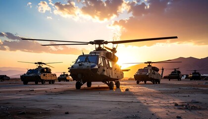 Military helicopters at sunset