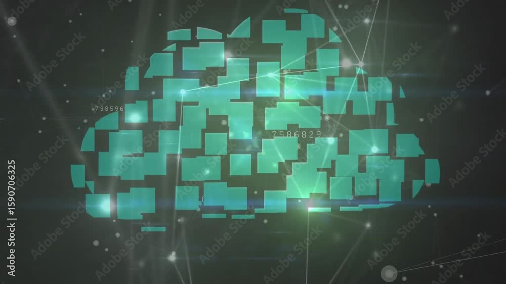 Poster light flare appearing, rectangles floating rotating converging into cloud representing data network