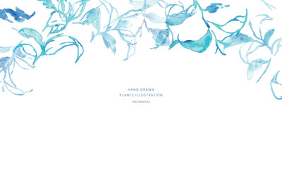 Obraz premium 水彩画。水彩タッチの夏の水色草木背景。草木のベクターイラスト背景。Watercolor painting. Summer light blue grass and trees background with watercolor touch. Vector illustration background of grass and trees.